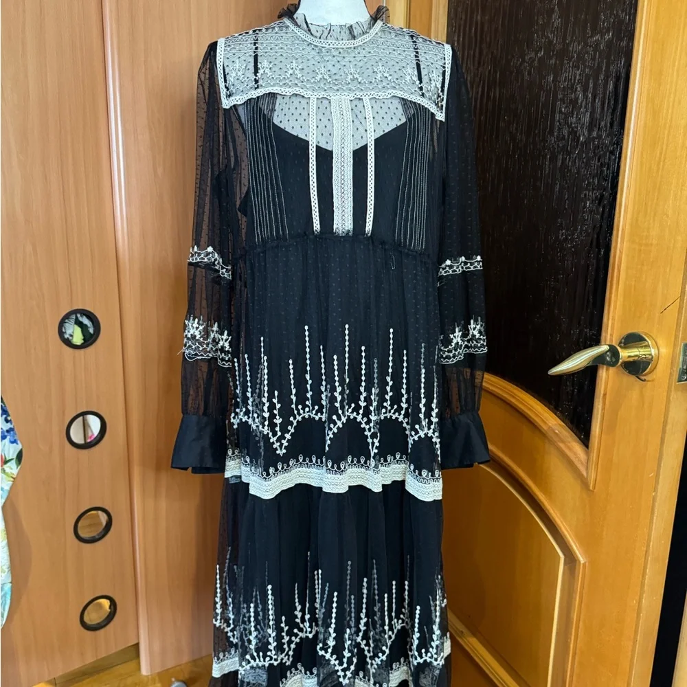 Zara Black and White embroidered Long Sleeve tule maxi Dress Sz XXL - Picture 12 of 16